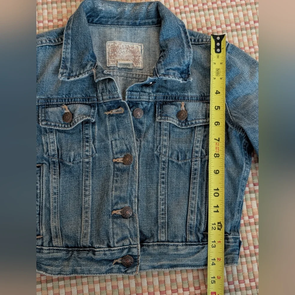 Ralph Lauren Girls Blue Denim Cropped Jean Jacket Patchwork Distressed